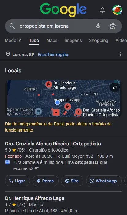 Busca no Google mostrando a Dra. Graziela Afonso em 1º lugar para ortopedista em Lorena